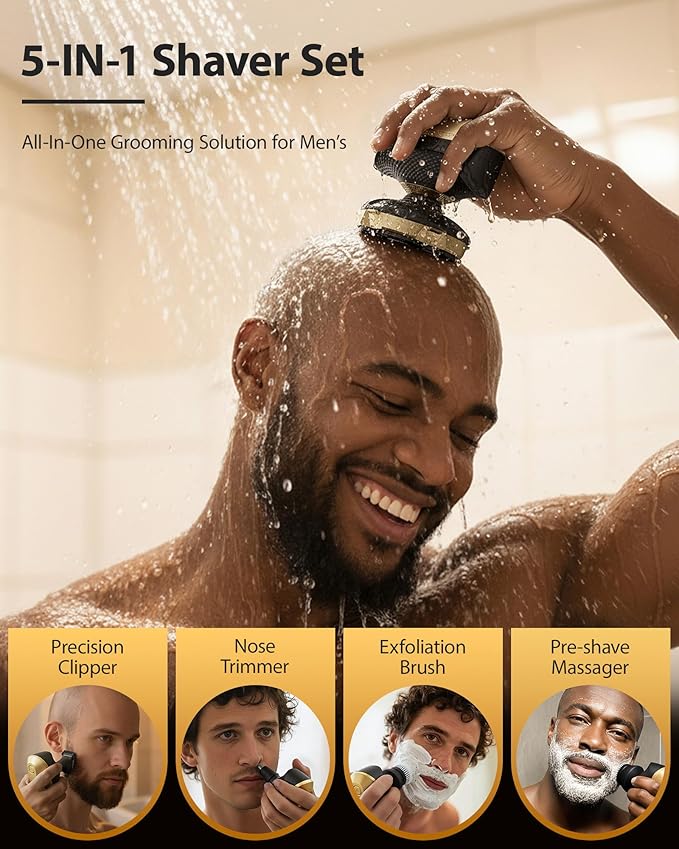 2026 New Head Shaver for Bald Men - Trimcoo 5-in-1 Magnetic Electric Trimmer with Titanium Blades | Gentle on Sensitive Scalp | IPX7 Waterproof, Powerful 8500 RPM, USB-C Charge & LED Display (Gold)