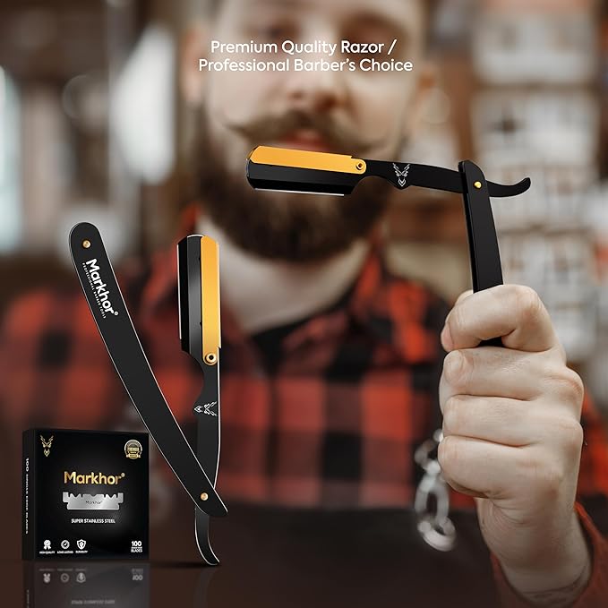 Markhor® Straight Razors for Men with 100 Single Edge Razor Blades | Matte Black with 24k Gold Platted Barber Straight Razor | Straight Edge Razor | Barber Razor Blade | Navajas Para Barbero