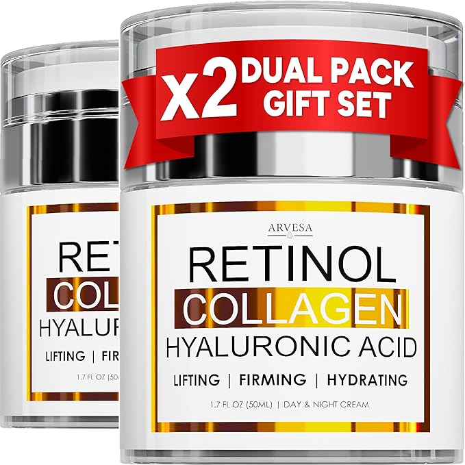 (2 Pack) Retinol Cream for Face with Collagen and Hyaluronic Acid - Anti Aging Wrinkle Cream for Women and Men - Day and Night Facial Moisturizer for Tightening and Skin Firming