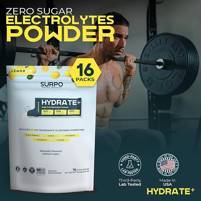 Sugar Free Electrolytes Powder Packets, 16 Count SURPO Electrolyte Drink Mix Lemon-Aid Zero Calorie, No Sugar Instant Hydration Packets for Energy & Recovery with Taurine, Magnesium, Potassium, Sodium