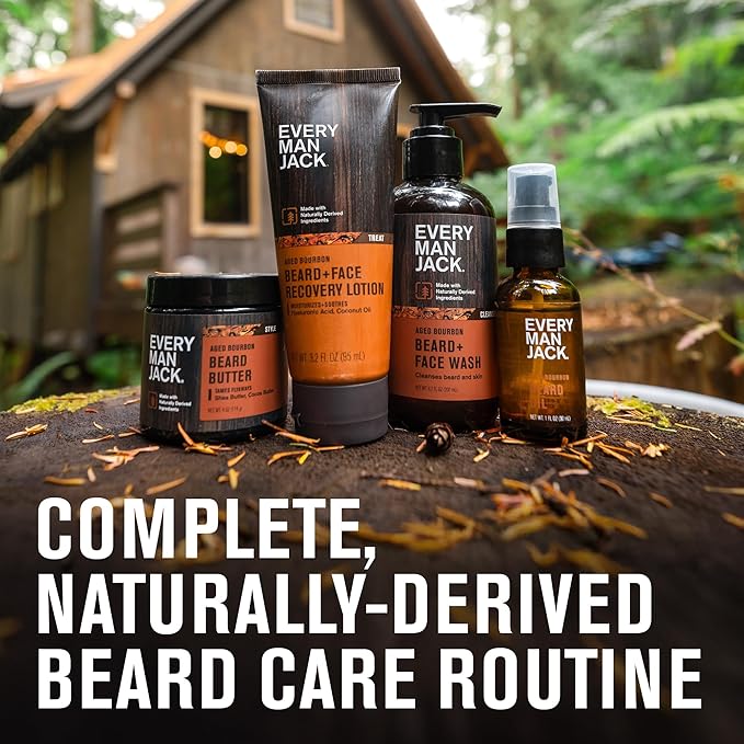 Every Man Jack Beard Essentials Gift Set for Men – Complete Routine with 5 Full-Size Essentials – Aged Bourbon Scent - Beard & Face Wash, Lotion, Oil, Butter & Comb