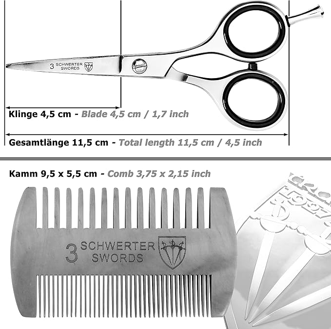 3 Swords Germany – professional BEARD MUSTACHE HAIR SCISSORS with BEARD COMB, stainless steel, straight blade, sharp, with black case