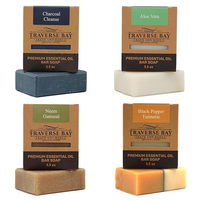 Traverse Bay Bath and Body Natural Cold Process Soap Facial Cleanse 4-Bar Variety Pack, Charcoal Cleanse, Aloe Vera, Neem Oatmeal, Black Pepper Turmeric, 5.5 oz Each, 22+ oz Total