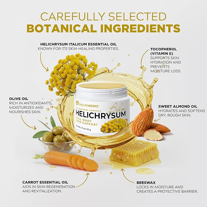 Helichrysum Essential Oil Balm - Helichrysum Italicum Cream for Veins Bruises Aches Pains & Skin Healing - Full Body Hydration Multipurpose Salve for Bruising & Wrinkles