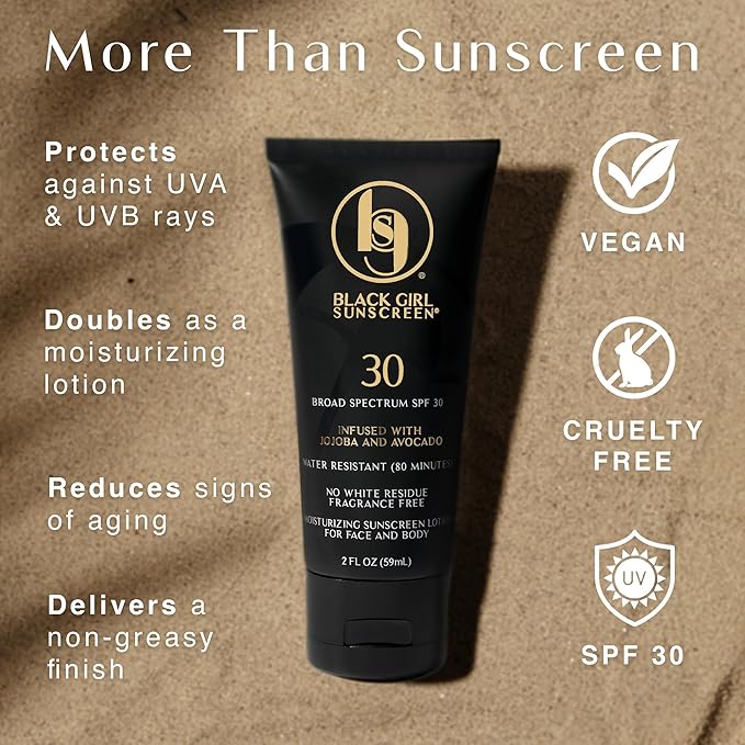 Black Girl Sunscreen SPF 30 for the Face & Body - Moisturizing Sun Protection, SPF 30, Sun Lotion for Women, Ultra Sheer, Travel Size, No White Cast for Melanin Rich Skin - 2 fl oz