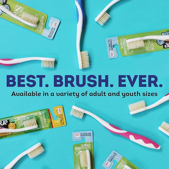 MOUTHWATCHERS Soft Childrens Flossing Manual Toothbrush, Set of 2, Yellow Toothbrushes for Kids & Teens, Ultra Clean, by Dr. Plotka's