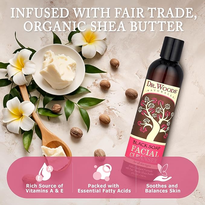 Dr. Woods Black Soap Facial Cleanser - Made with Organic Shea Butter, Gentle Liquid Face Wash for Men and Women, Natural Cleansing for Daily Use and All Skin Types - 8 Fl Oz (Pack of 2)
