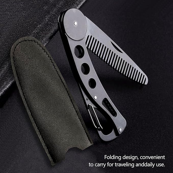 Stainless Steel Folding Beard Comb - Portable Multifunction Anti Static Comb with Leather Cover for Men Grooming, Combing Hair, and Mustache Styling