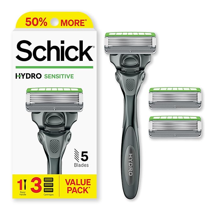 Schick Hydro Sensitive Razors for Men, 1 Razor Handle with 3 Razor Blades Refills