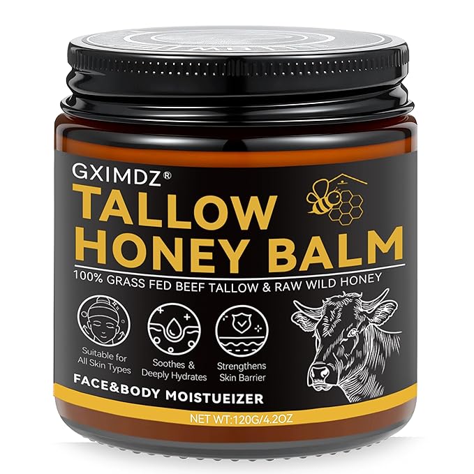Beef Tallow for Skin, Tallow and Honey Balm, Grass-Fed Beef Tallow Moisturizer for Face & Body with Raw Honey & Beeswax, 4.2 Fl Oz