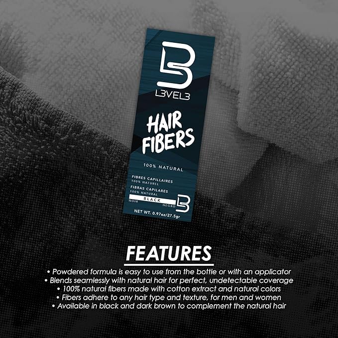 L3 Hair Fibers - Cover Bald Spot or Thinning Hair - Natural Looking Finish - Instant Grey Coverage and Thicker Hair (Black)