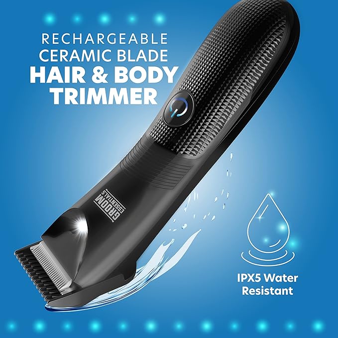 Groom Essentials Rechargeable Hair Trimmer, Body-Hair Shaver with Ceramic Blades, Adjustable 3-Setting Trimming Guide, 90-Minute Battery, Includes Trimmer Stand, Cleaning Brush, and USB Charging Cable
