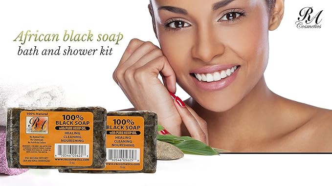 RA COSMETICS 100% African Black Soap With Hemp Oil 5 oz