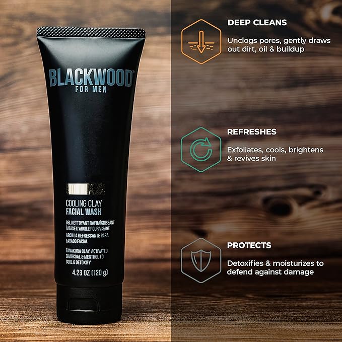 Blackwood For Men Cooling Clay Face Wash - Activated Charcoal, Menthol, & Tanakura Clay Cleanser & Mask for Deep Cleansing & Acne Treatment - Sulfate Free, Paraben Free, & Cruelty Free (4.23 oz)
