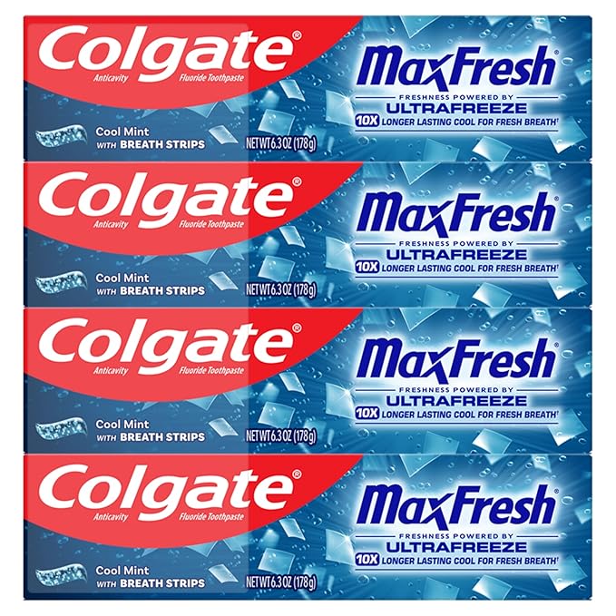 Colgate MaxFresh Cool Mint Toothpaste Pack, Fresh Breath Toothpaste with Fluoride and Hundreds of Mini Breath Strips, Leaves Mouth Feeling Refreshed for Hours, 4 Pack, 6.3 oz