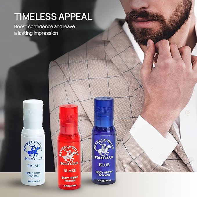 Beverly Hills Polo Club Men's Body Spray Collection - 3 x 3oz Designer Cologne Gift Set for Everyday Freshness & Travel