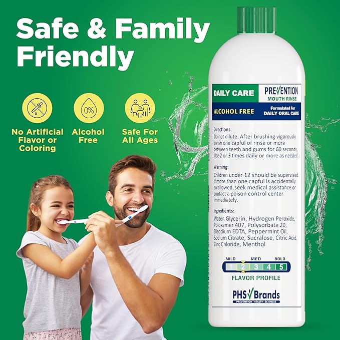 Prevention Daily Care Alcohol-Free Mouthwash, Hydrogen Peroxide Teeth Whitening with Soothing Fresh Mint for Bad Breath Treatment, Fluoride-Free Gum Care Oral Mouth Rinse 16 oz 1 Pack