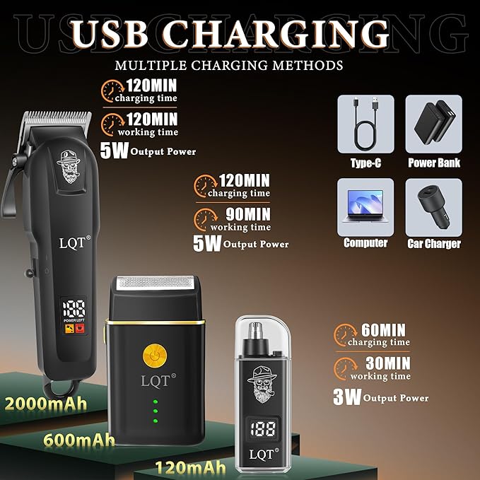 Hair Clippers for Men with LED Power Display, 3-Piece Professional Grooming Kit Includes Hair Clipper, Foil Shaver & Nose Trimmer, Complete Cordless Set for Home Barber Use