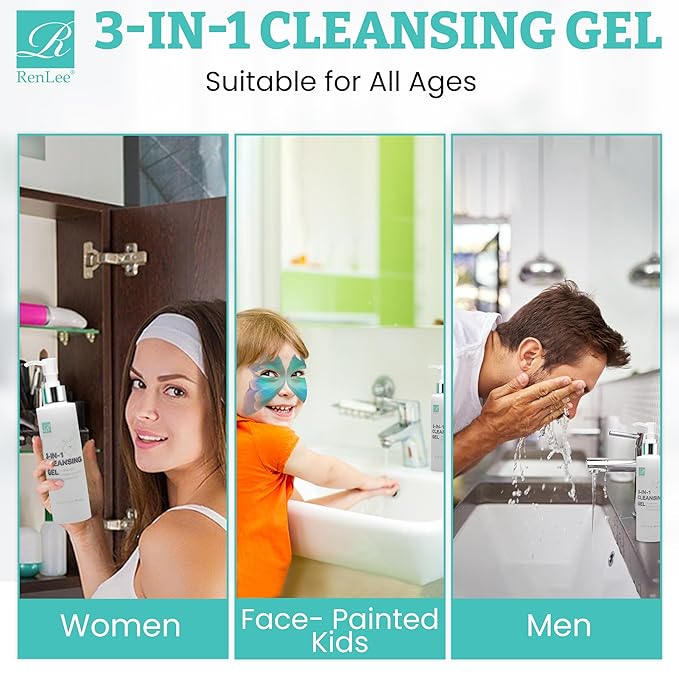 RenLee® 3-in-1 Cleansing Gel with Rose Essential Oil Made in USA, Face Wash for Women & Men, Makeup Remover, Face Painting Remover, Perfect for Kids and Teens (10-12). Moisturize All Skin Types