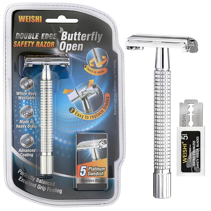 WEISHI Butterfly Open Double Edge Safety Razor for Men, Chrome Long Handle with 5 Stainless Razor Blades Included, Reusable Wet Shave Tool for Smooth, Close Shave