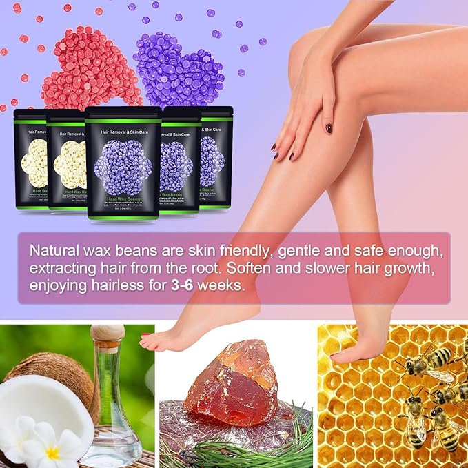 Wax Beads for Hair Removal 1.1 lb (17.6 oz), Hard Wax Beads for Sensitive Skin - Brazilian, Face, Bikini, Legs, Eyebrow, Painless Waxing Beads Kit for Women Men, 5 Packs with 10 Wax Sticks