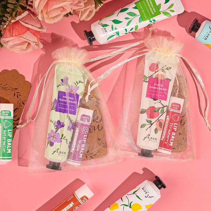 AZEN 30 Sets Bulk Gifts, Hand Cream and Lip Balm Bulk Set with Organza Bag Thank You Card, Baby Shower Wedding Gifts for Guests, Bridal Wedding Favors for Guests,Thank You Gifts for Women