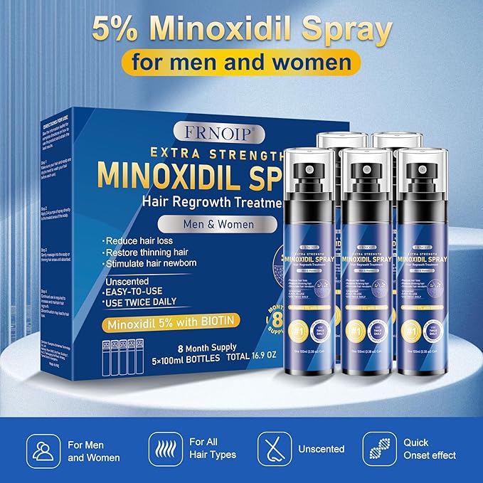 5% Minoxidil Spray for men & Women-5 pack，Infused with Biotin, Hair Regrowth for Men，Hair Loss Treatments for Women，Supports Thicker，Fuller Hair & Beard (17.5oz, 8 - Month Supply)