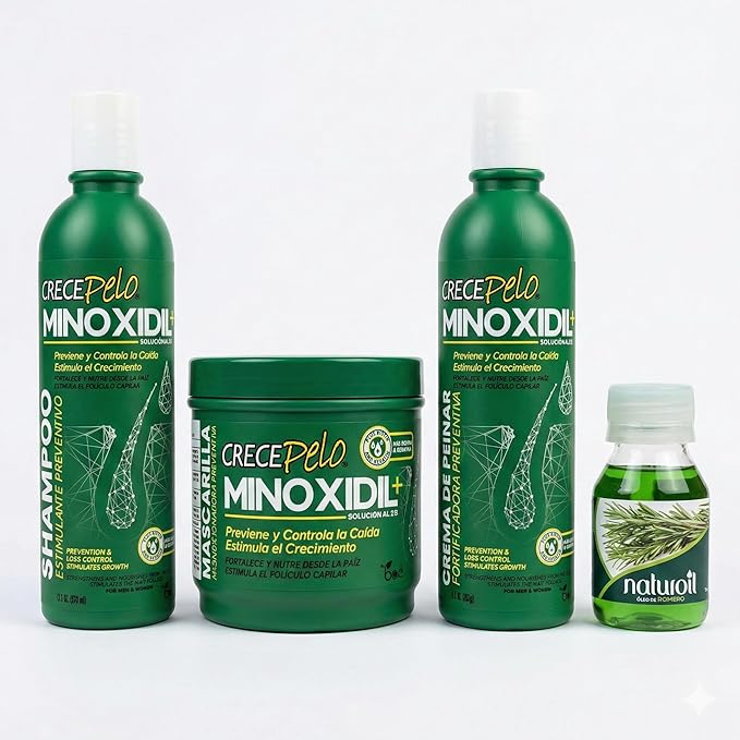 Crece Pelo Minoxidil 2% Hair Regrowth Set – Complete 4-Step System: Shampoo 12.5 oz, Mask 16 oz, Leave-In Cream 12.5 oz – Anti Hair Loss Treatment with Biotin & Keratin + Romero Oil 2 oz