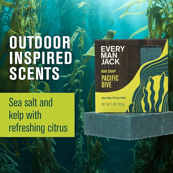 Every Man Jack Cold Plunge Mens Bar Soap - Pacific Dive Scent with notes of Sea Salt, Kelp, Refreshing Citrus - Deeply Cleans, Hydrates with Naturally Derived Ingredients and Light Grit - 5oz 2 Pack