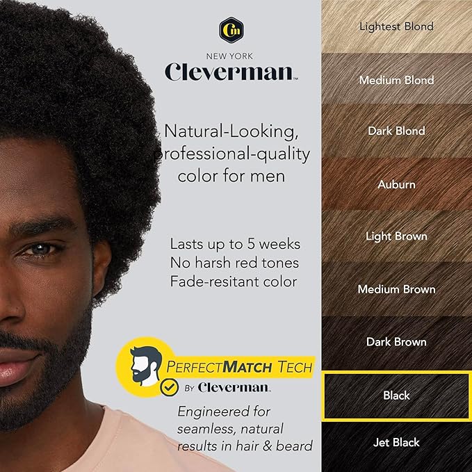 Reusable Hair & Beard Dye for Black Men – Black | Up to 5 Uses, 7 Minutes | Natural Gray Coverage, No-Drip Cream with SkinArmour® – Cleverman
