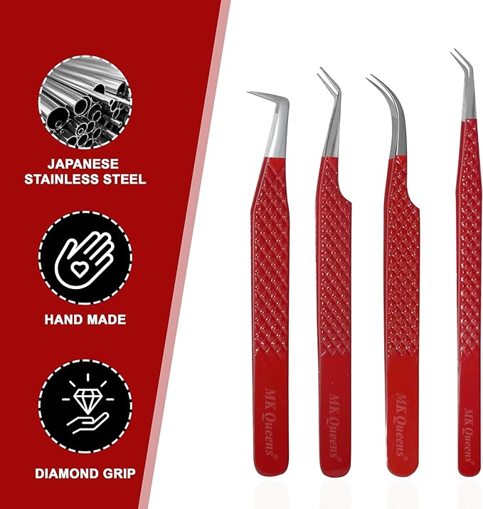 Lash Tweezers - Stainless Steel Fiber Tip Eyelash Tweezers (Set of 4) - Diamond Grip Professional Lash Tweezers for Eyelash Extensions (Red)