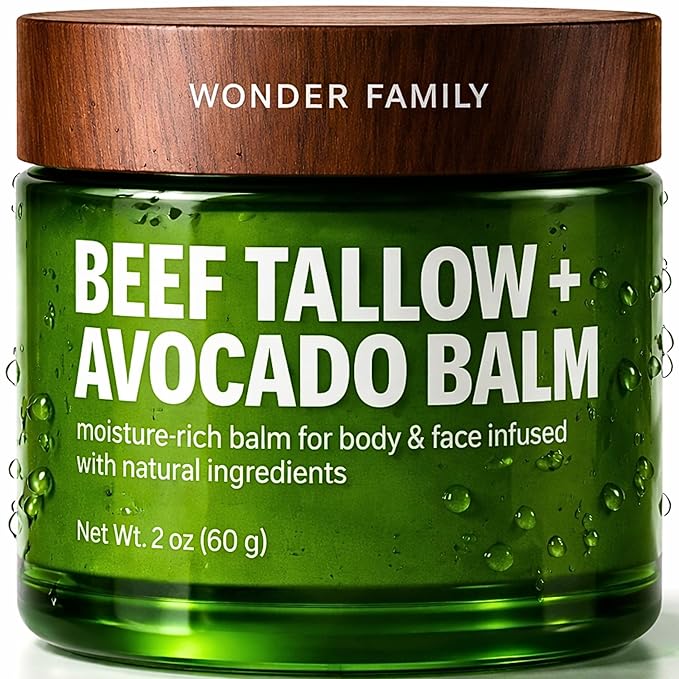 Beef Tallow & Avocado Balm for Skin & Face – Grass-Fed Beef Tallow with Avocado, Jojoba & Shea – Deep Moisturizer for Dry Skin – Includes Wooden Spatula & Pouch – For Men & Women
