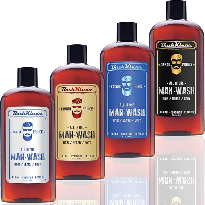 BushKlawz URBAN PRINCE MAN WASH Men’s Original All in One 3-in-1 Shampoo Conditioner Hair Beard Body Wash Man Made American Viking Crew Cannon Wash with Bulldog Duke PH Ballwash