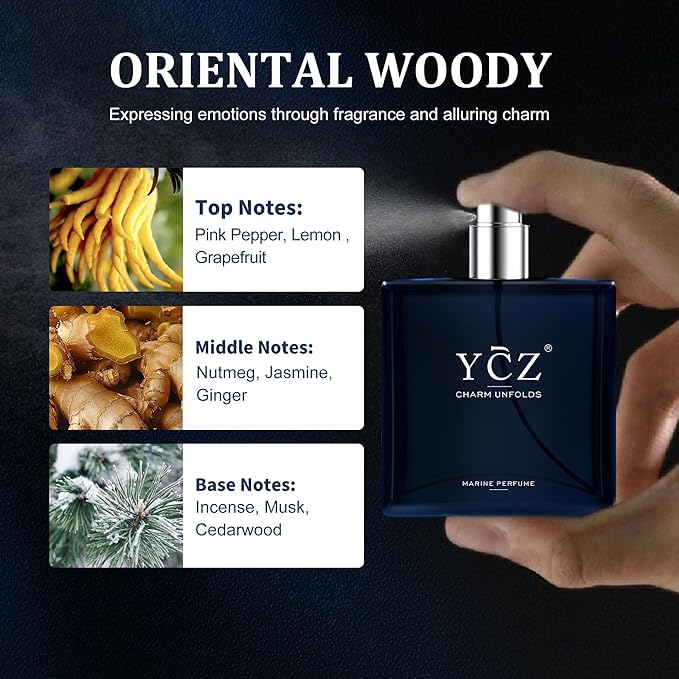 Ycz Charm Unfolds Marine Perfume for Men, 1.7 oz. Long Lasting Eau De Parfum Cologne For Men, Oriental Woody Fragrance - Ideal Special Occasions, Making it the Ideal gentlemen’s Gift