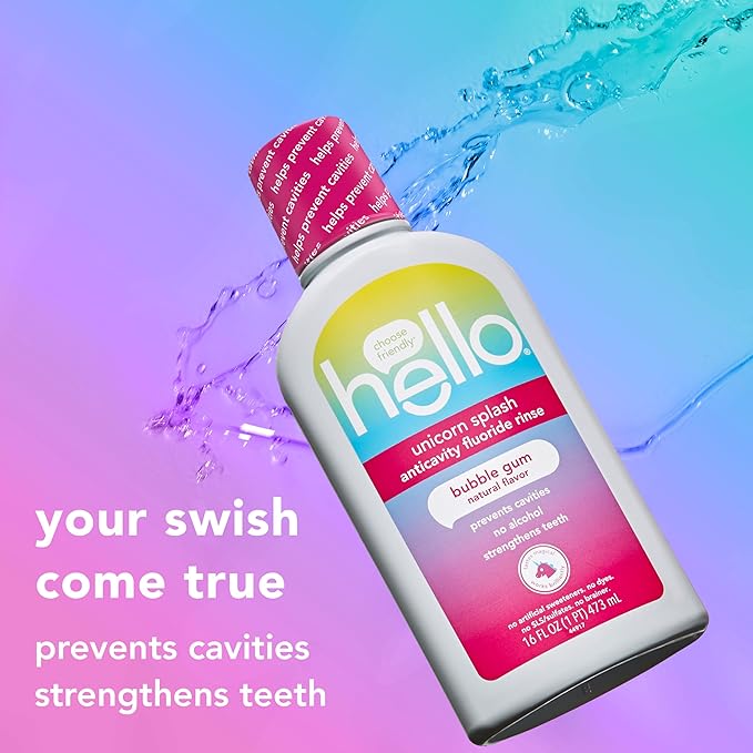 Hello Kids Mouthwash with Unicorn Bubble Gum Flavor, Alcohol Free Mouthwash for Kids with Fluoride, Safe for Ages 6 and Up, Anticavity, Vegan, No Alcohol, No Dyes, 16 Oz Bottles (Pack of 3)