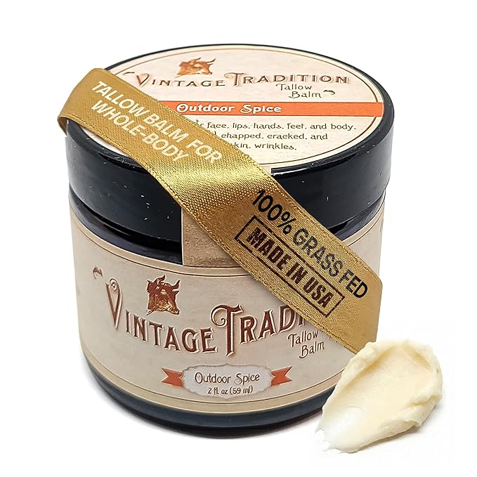 Vintage Tradition Beef Tallow All Purpose Balm - Healing, Hydrating Spice Oils Skin Care Salve Replaces Body Lotion, Hand Cream, More - Essential Oil, Olive Oil, and Grass-Fed Tallow, 2 fl. oz.