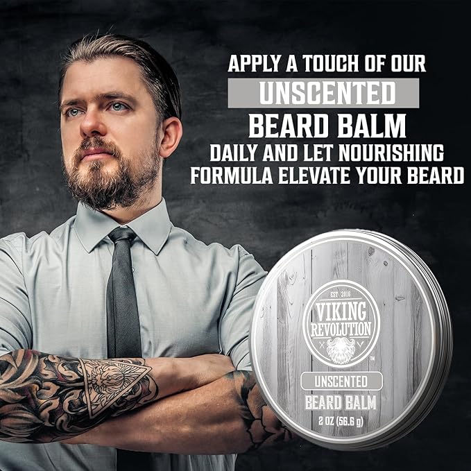 Viking Revolution Unscented Beard Balm for Men - Beard Butter with Argan Oil and Jojoba Oil Softener and Moisturizer Styling Balm - Gifts for Men with Beeswax and Shea Butter (1 Pack, 2oz)