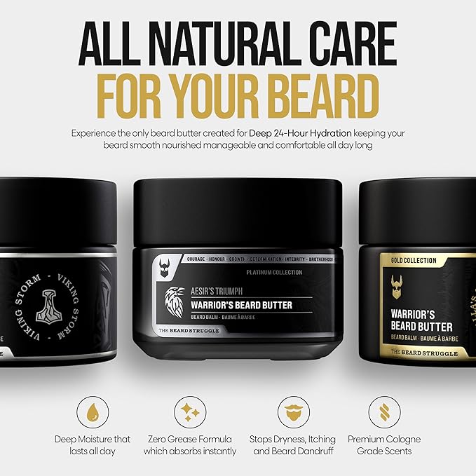 The Beard Struggle Warrior’s Beard Butter Aesir's Triumph - Platinum Collection - Non-Greasy Low-Hold Formula, Luxurious Cologne-Grade Fragrances 100% Natural - 50g / 1.76 US. oz. Warrior-Glass Jar