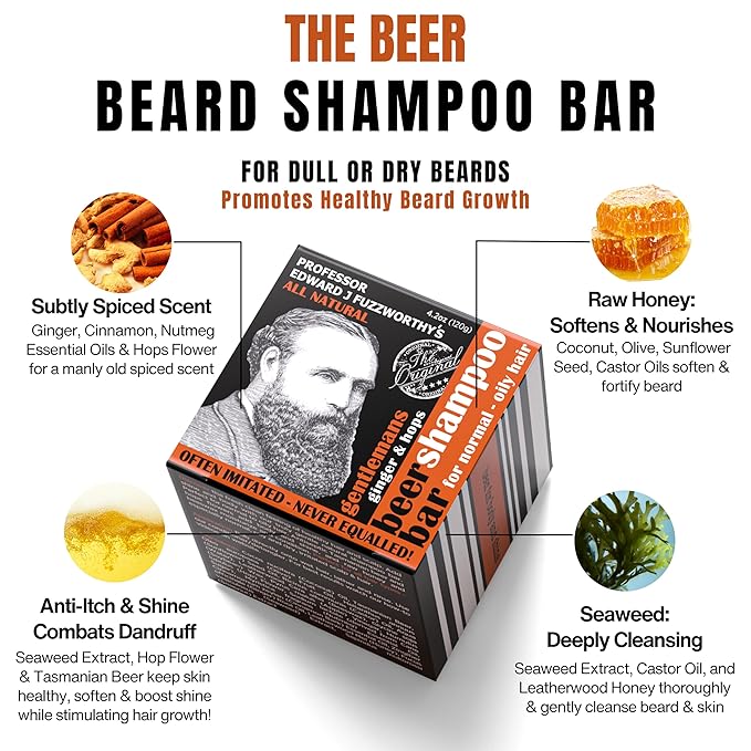 Professor Fuzzworthy's Gentlemans BEER Beard Hair SHAMPOO Bar for Normal, Dry, Oily Hair | SCENTED with All Natural Oils From Tasmania Australia - 4.2 oz