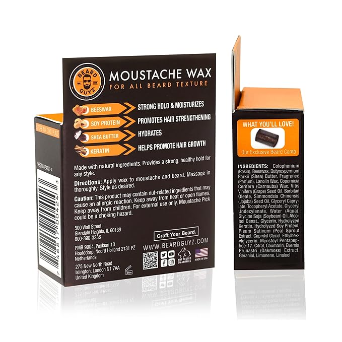 Beard Guyz Moustache Wax – Strong Hold Styling for Mustache & Facial Hair – Natural Beeswax & Carnauba Wax Grooming Balm for Sculpting, Shaping & Conditioning – 1 oz
