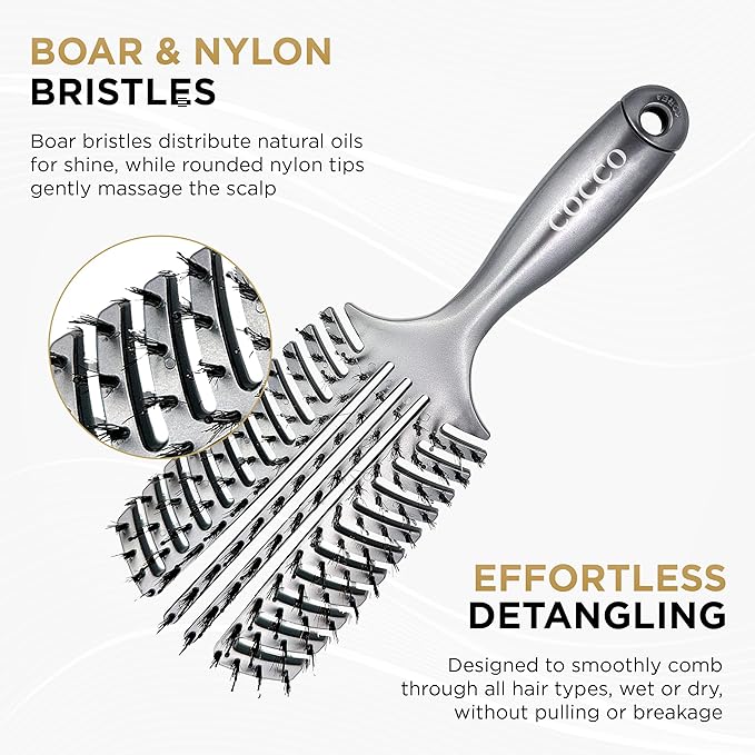 Cocco Vented Boar Brush, Curved Detangling & Styling Tool with Boar & Nylon Bristles, Silver