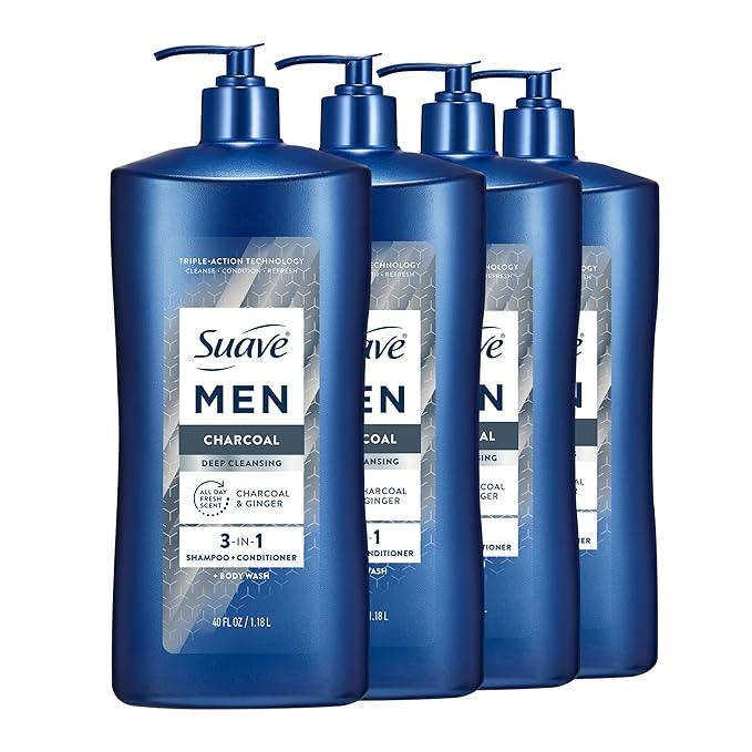 Suave Men Deep Cleansing 3 in 1 Shampoo, Conditioner & Body Wash with Charcoal Powder, Detoxifies & Cleanses Hair & Skin, Removes Oil & Impurities, 4 Count, 40 FL OZ Pump