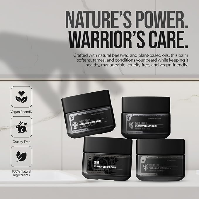 The Beard Struggle Warrior’s Beard Balm - Gold Collection, Asgardian Secret - Non-Greasy Low-Hold Formula, Luxurious Cologne-Grade Fragrances 100% Natural and Plant-Based Ingredients - 50g