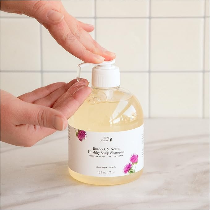 100% PURE Burdock & Neem Healthy Scalp Clarifying Shampoo Moisturizing Detox with Rose Hydrosol Replenishing Cleanser for Dry, Itchy, Flaky Scalp for Women & Men - 16 Fl Oz