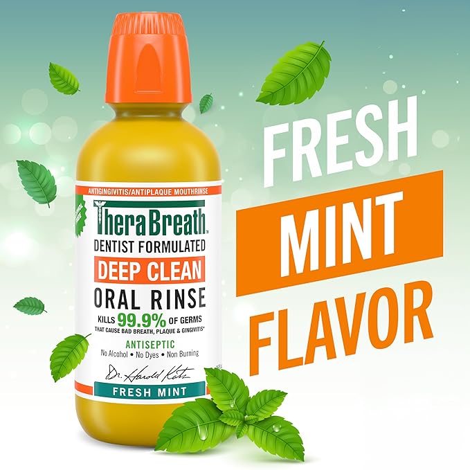 TheraBreath Deep Clean Mouthwash, Antiseptic Benefits, Fresh Mint Flavor, Dentist Formulated, Alcohol Free, 16 fl oz (Pack of 2)