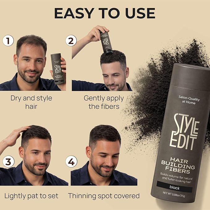 Style Edit Hair Building Fibers for Thinning Hair | Conceals Receding Hairlines, Fine Hair & Bald Spots for Fuller looking hair, 100% Plant-Based Thickening Powder for Men & Women, Black 0.88oz