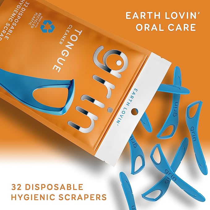 GRIN Tongue Cleaner, 32 Count, Disposable Tongue Cleaner, Hygienic Scraper, Recycled Plastic, Clean Tongue, Promote Fresh Breath, Includes Safe Fold- Back Tooth Pick (Pack of 3)