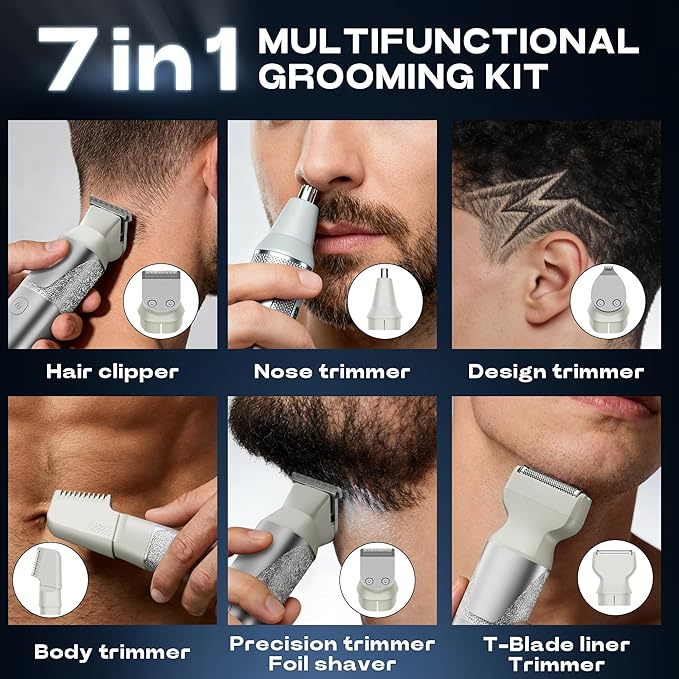 Prettywill Beard Trimmer for Men,with Adjustable Limiting Comb, Travel Lock IPX7 Waterproof, 2-Speed Settings, 6-in-1 Multi-Accessories Kit,Gifts for Men Husband Father,Silver&Yellow