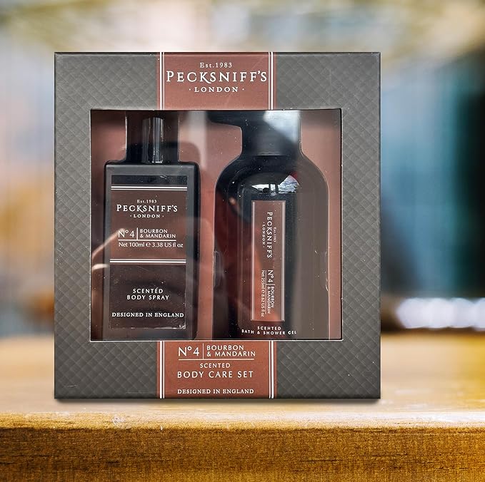 Pecksniff’s Men’s Body Duo Set – Bourbon & Mandarin Scented Bath & Shower Gel 250ml & Body Spray 100ml – Luxury Grooming Gift Set for Him