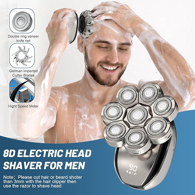 Electric Head Shavers for Men：- 6 in 1 Head Shavers for Bald Men, IPX6 Waterproof Men's 8D Electric Head Razor, Wet&Dry Rotary Shaver Grooming Kit with Nose Beard Trimmer Hair Clipper